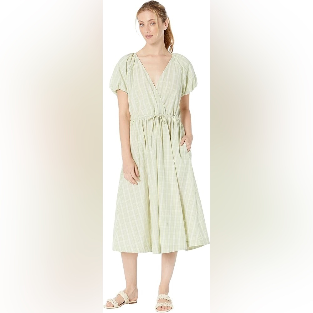Madewell Plaid Tie-Waist Midi Dress Gingham in Green size XXS